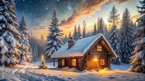 A quaint wooden cabin nestled amidst a snowy forest, bathed in the warm glow of twilight, with twinkling stars overhead and a picturesque trail leading through the pristine landscape.