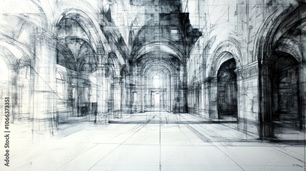 A detailed architectural sketch of an expansive, vaulted interior space. A detailed architectural sketch of an expansive, vaulted interior space.