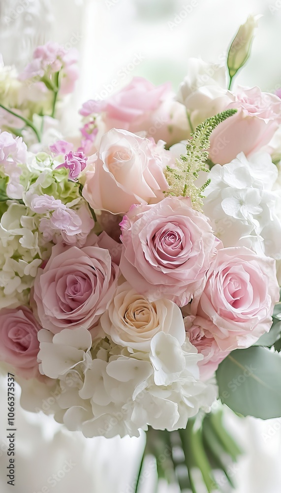 Elegant bridal bouquet featuring pastel pink and white roses with hydrangeas in soft focus setting Elegant bridal bouquet featuring pastel pink and white roses with hydrangeas in soft focus setting