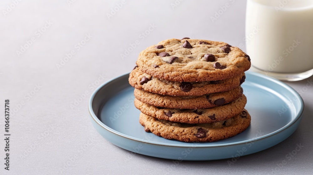 Stack of chocolate chip cookies on a blue plate alongside a glass of milk against a light gray backdrop Selective focus with ample copy space Banner design Stack of chocolate chip cookies on a blue plate alongside a glass of milk against a light gray backdrop Selective focus with ample copy space Banner design