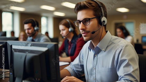 Customer service team working, focused on calls or typing.