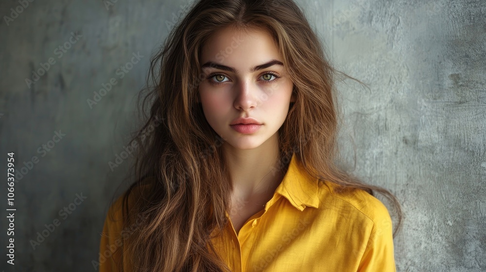 Fototapeta premium Portrait of a stunning young woman with long wavy hair dressed in a bright yellow shirt