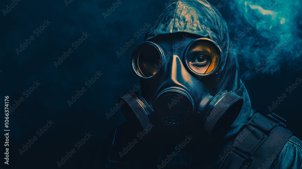 A person wearing a gas mask against a dark background, close-up. There's room for writing. A person wearing a gas mask against a dark background, close-up. There's room for writing.
