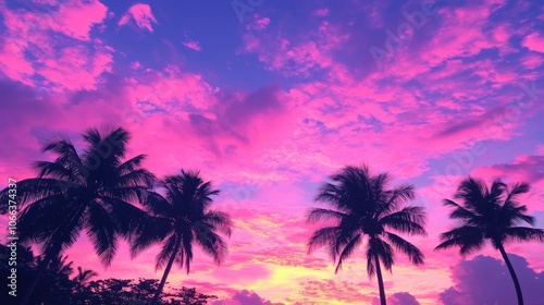 Pink and purple tropical sunset with palm trees showcasing a vibrant sky filled with clouds perfect for a vacation travel banner