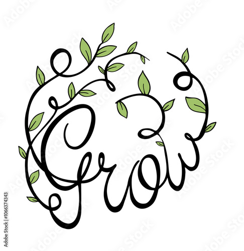 Hand-drawn word Grow with green leaves sprouting from cursive letters.