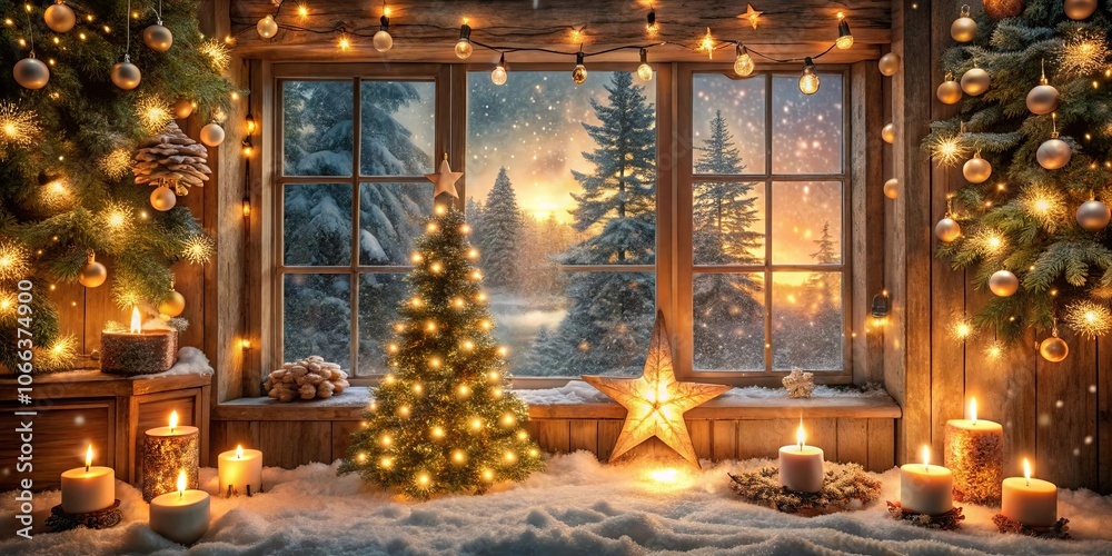 A warm cabin window with a snowy winter scene and a glowing Christmas tree inside A warm cabin window with a snowy winter scene and a glowing Christmas tree inside
