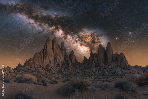 A breathtaking shot of the Milky Way stretching across the night sky above a rugged desert