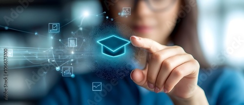 Close up view of a woman s finger pressing a holographic MBA icon surrounded by various digital symbols and graphics related to finance education and technology photo