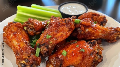 Savory spicy chicken wings accompanied by celery and ranch dressing ideal for appetizers or snacks during game day