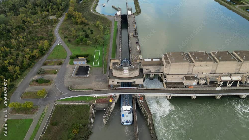 Saulce sur Rhone, France - 27 November 2024: Industrial ship passing through the lock above the hydroelectric power plant on the Rhone river in the Drome district of France