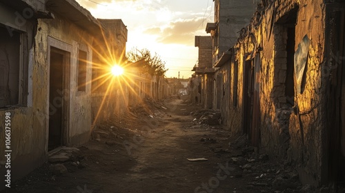 Ruined structures in an urban area due to conflict photo