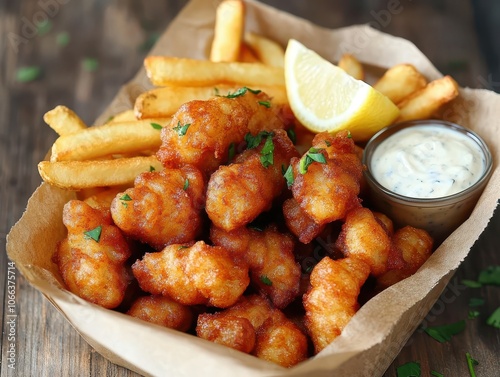 Crispy Fried Fish Bites with Fries and Tartar Sauce. photo