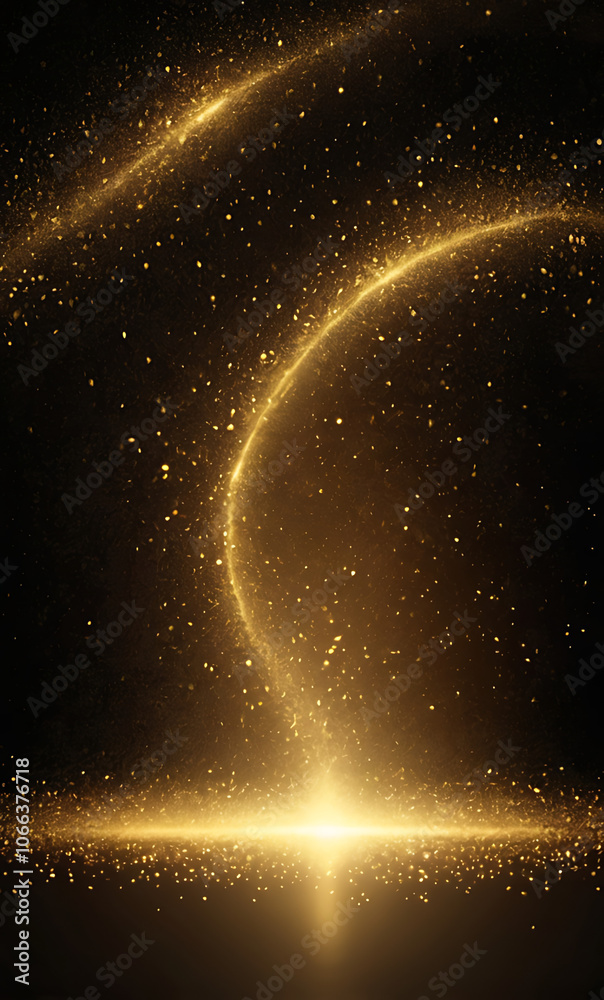 Obraz premium Shimmering Golden Dust Particles Floating on a Black Background for Magical Highlights and Depth