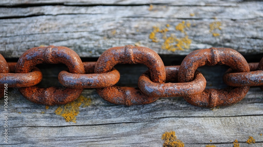 Fototapeta premium Rusty chain resting on a wooden surface