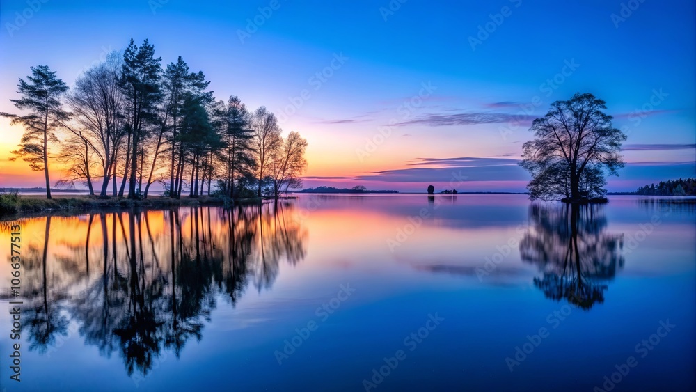 Serene Water Reflections at Dawn, a Symphony of Blue and Pink Hues Cast by the Rising Sun, Silhouetted Trees and Tranquil Waters Create a Dreamy Landscape Serene Water Reflections at Dawn, a Symphony of Blue and Pink Hues Cast by the Rising Sun, Silhouetted Trees and Tranquil Waters Create a Dreamy Landscape