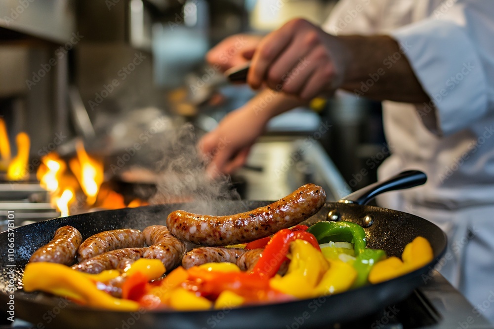 Chef Cooking Sausages and Vegetables in Kitchen