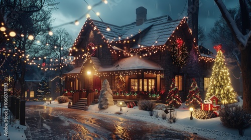 A House Covered with Christmas Lights and Festive Decorated