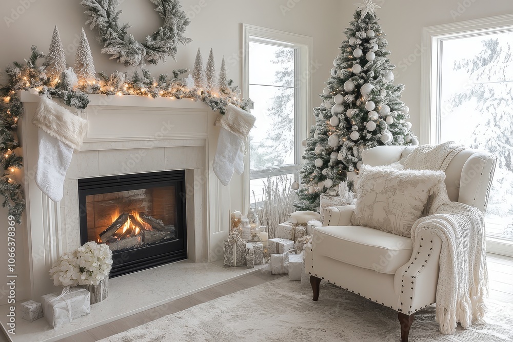 Elegant white Christmas-themed room with a decorated white Christmas tree, cozy fireplace, and white chair for a serene holiday atmosphere Elegant white Christmas-themed room with a decorated white Christmas tree, cozy fireplace, and white chair for a serene holiday atmosphere