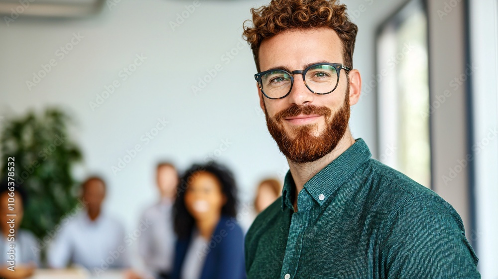 Confident Manager Standing in Modern Office Space Confident Manager Standing in Modern Office Space
