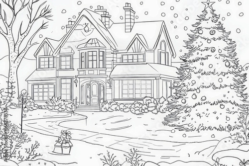 Sketchfor a coloring book, cozy Christmas English house at nighttime, with a lot of lighting candles and lights, New Year's postcard