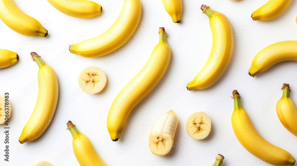 A flat lay of ripe bananas, some whole and some sliced, on a white background. A flat lay of ripe bananas, some whole and some sliced, on a white background.