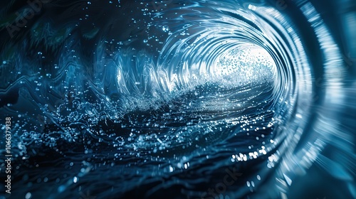 Water flowing from pipe to water source. Technology for clean drinking water and industrial use. Abstract background. Water flow from well to pipe.