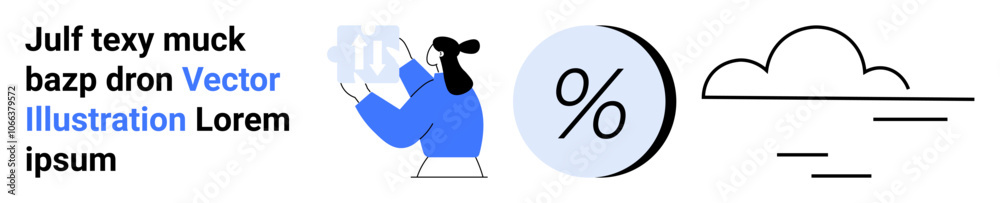 Businesswoman in a blue jacket analyzing data with a holographic screen, large percentage sign, cloud icon. Ideal for data analysis, finance, business strategy, presentations, infographics, reports Businesswoman in a blue jacket analyzing data with a holographic screen, large percentage sign, cloud icon. Ideal for data analysis, finance, business strategy, presentations, infographics, reports