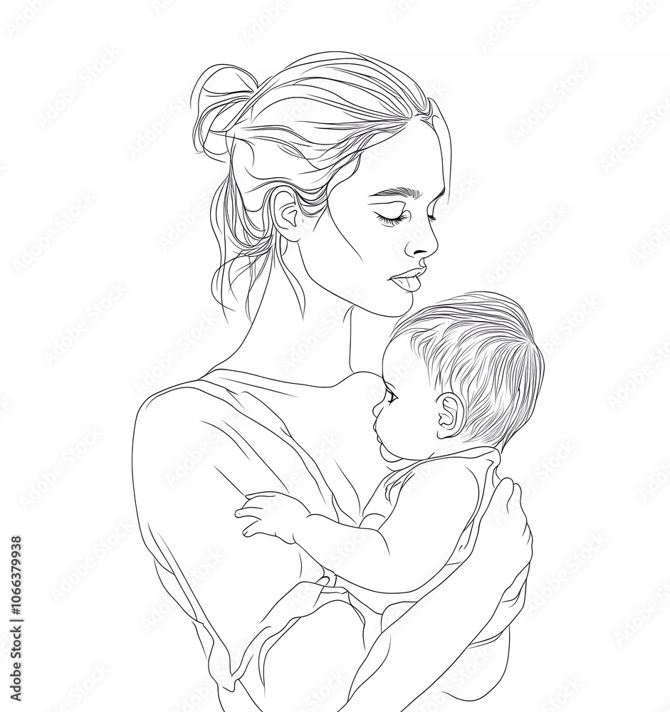 Beautiful mother holding baby in a simple line drawing style, with a white background Beautiful mother holding baby in a simple line drawing style, with a white background