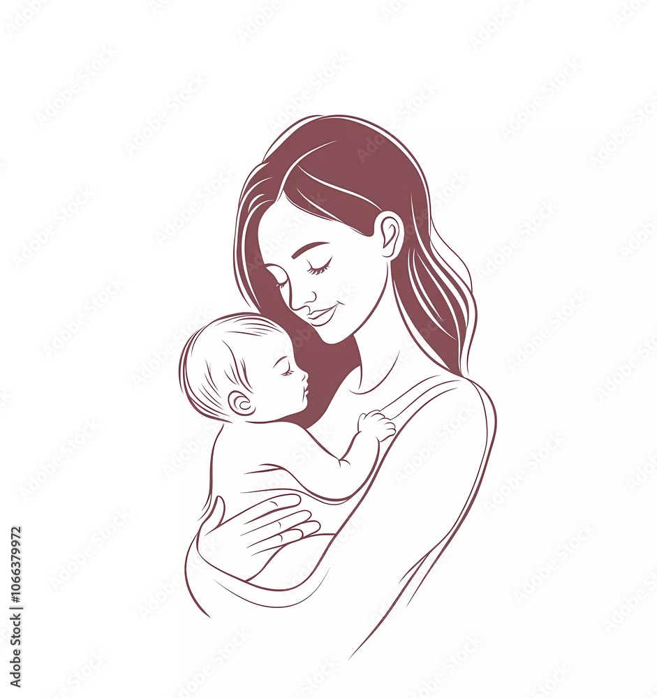 Beautiful young mother holding a baby in her arms, simple vector logo style, stroke outline on a white background Beautiful young mother holding a baby in her arms, simple vector logo style, stroke outline on a white background