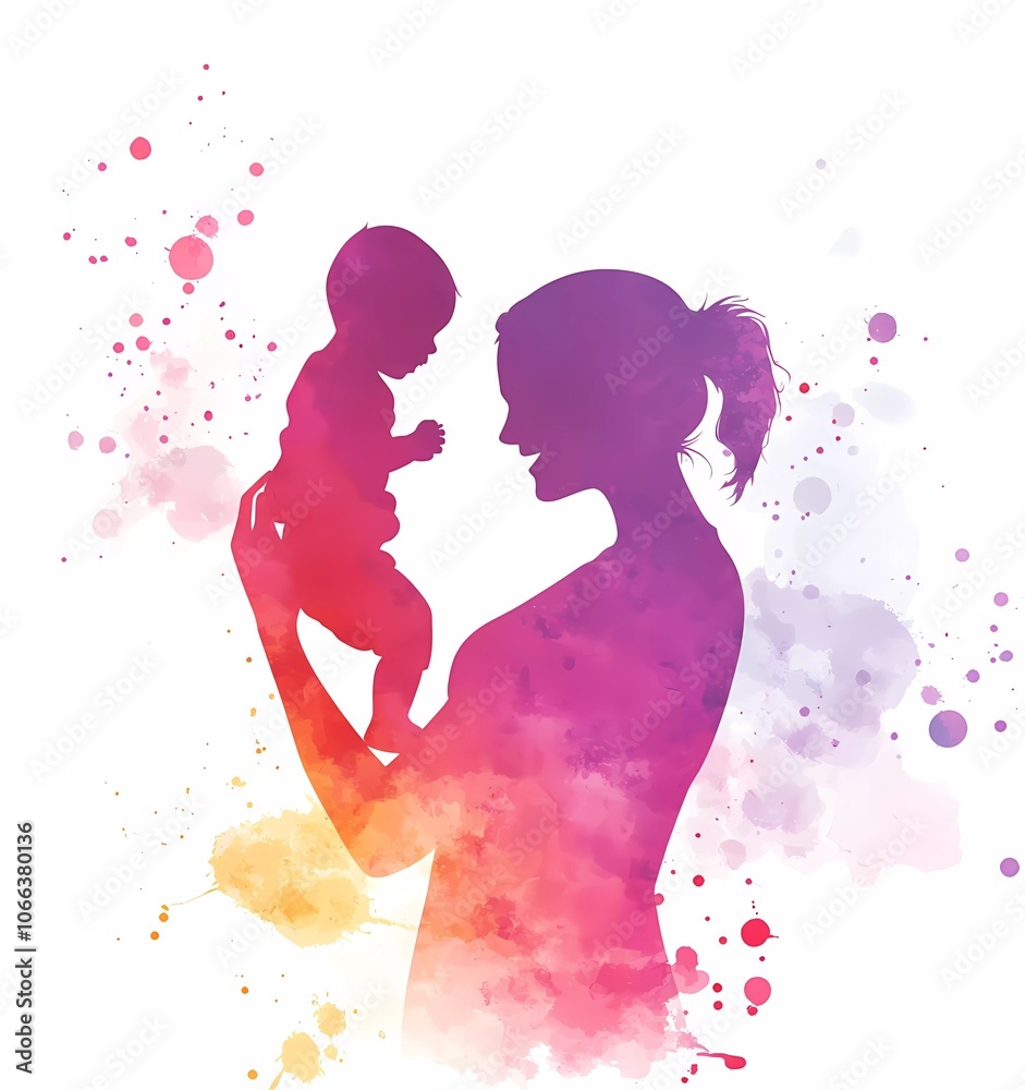 Colorful silhouette of a mother holding a baby in her arms, against a white background, with pink and purple watercolor splashes. Colorful silhouette of a mother holding a baby in her arms, against a white background, with pink and purple watercolor splashes.