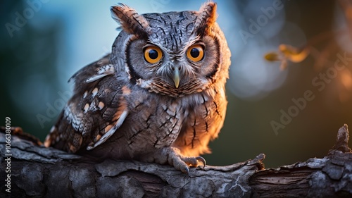 A close-up of a screech owl perched on a branch in the twilight, with its distinctive facial disc and large, expressive eyes glowing softly in the fading light, surrounded by a shadowy forest backgrou photo