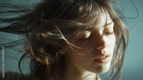 Wind-swept woman with hair flying