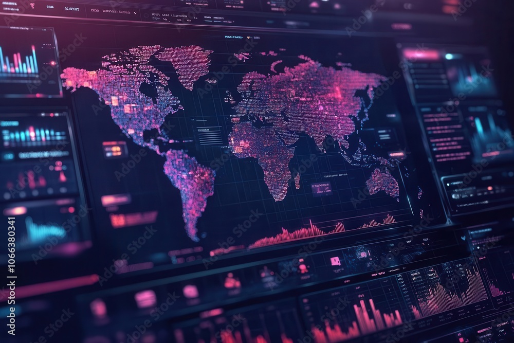 Futuristic dashboard with world map and property trends, global real estate concept Futuristic dashboard with world map and property trends, global real estate concept