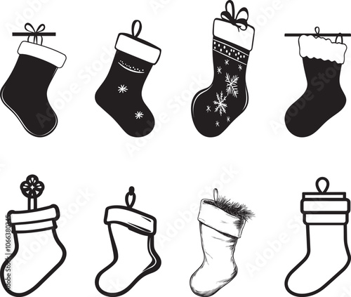 Collection of Christmas Stocking hanging clean simple vector silhouette black