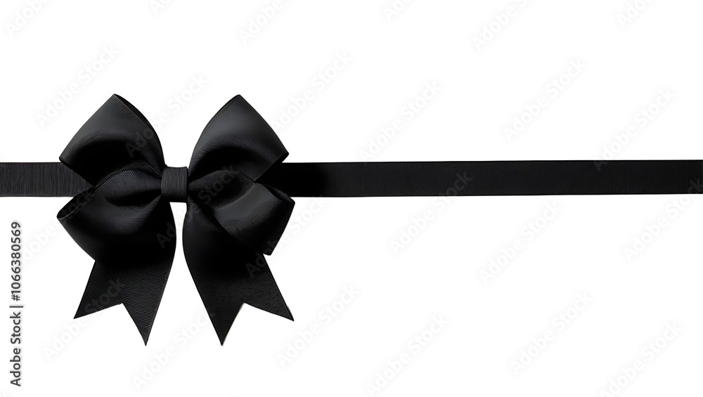 Black satin ribbon bow isolated on white background, perfect for gift wrapping, holiday decorations, and festive designs Black satin ribbon bow isolated on white background, perfect for gift wrapping, holiday decorations, and festive designs