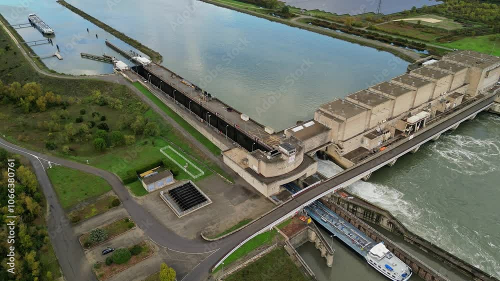 Saulce sur Rhone, France - 27 November 2024: Industrial ship passing through the lock above the hydroelectric power plant on the Rhone river in the Drome district of France