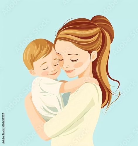 Mother holding her baby in a vector flat style on a white background. Mother's Day concept illustration with a young woman and child isolated on a pastel blue background