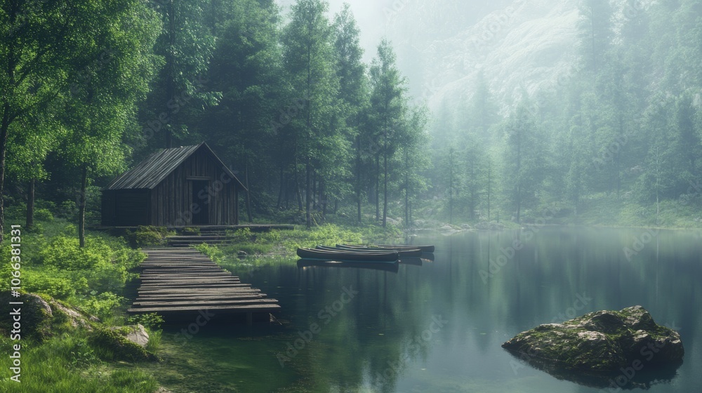 Fototapeta premium Serene Misty Lake Cabin Wooden Dock Canoes Forest