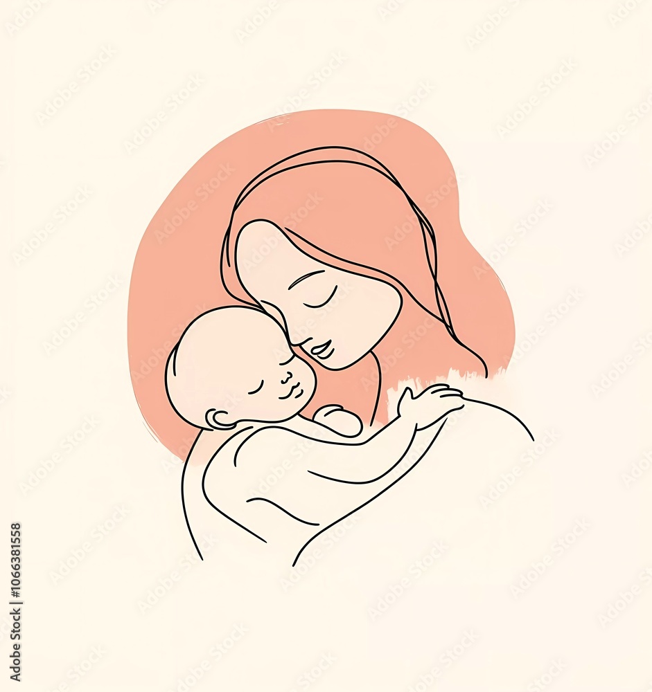 Ultraminimalistic, simple, clean-line art of a mother holding a baby, with a pastel, peachy-beige background. Ultraminimalistic, simple, clean-line art of a mother holding a baby, with a pastel, peachy-beige background.