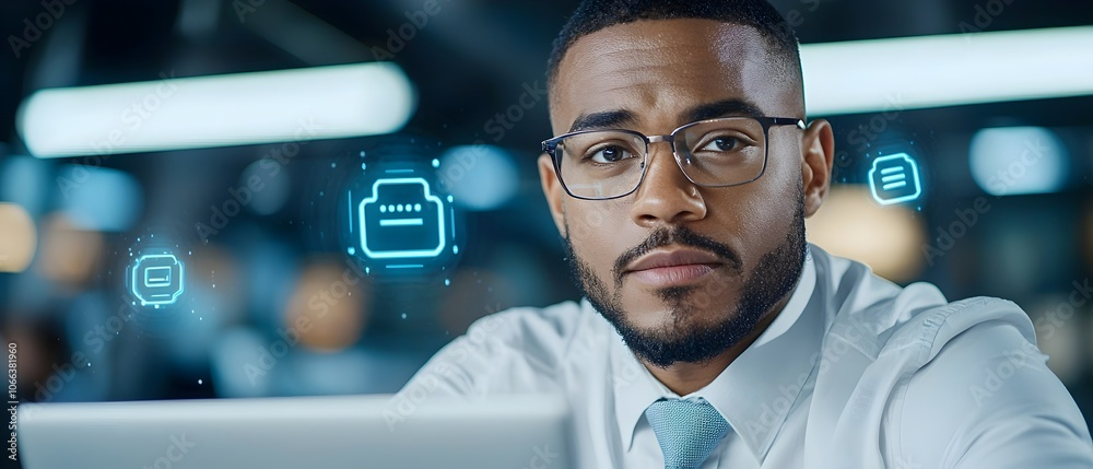 Close up view of a professional man using a laptop with a futuristic holographic interface featuring chatbot and intelligence icons