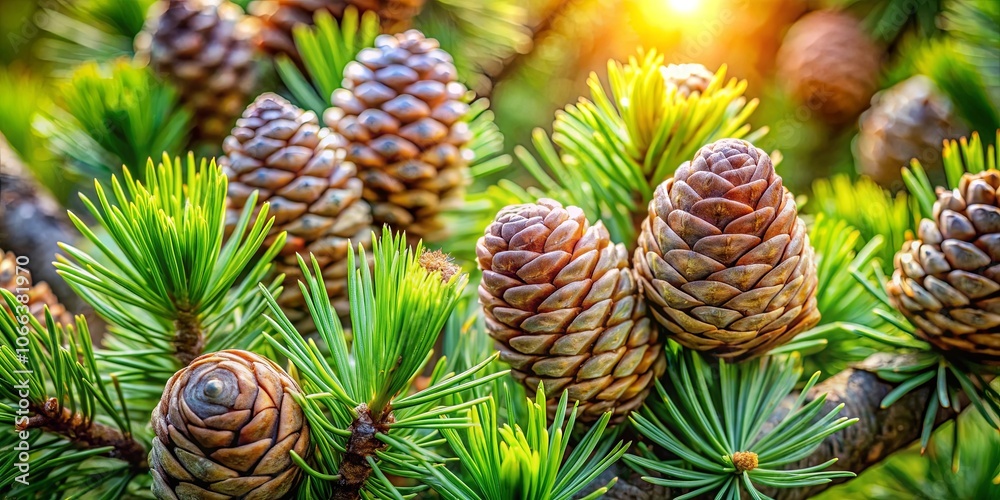 Fototapeta premium A Close-Up View of Cones on a Branch, Showing the Intricate Details of Their Structure, with Sunlight Filtering Through the Evergreen Needles