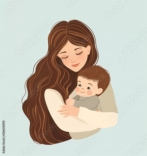 Vector flat color illustration of a woman with long brown hair holding a baby boy in her arms, in a simple, cute, flat vector style.