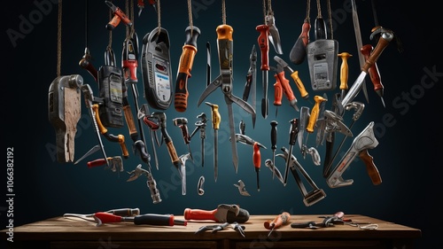 An artistic depiction of various hand tools suspended in mid-air, with a dynamic composition showcasing tools like pliers, chisels, and saws, set against a dark, dramatic background photo