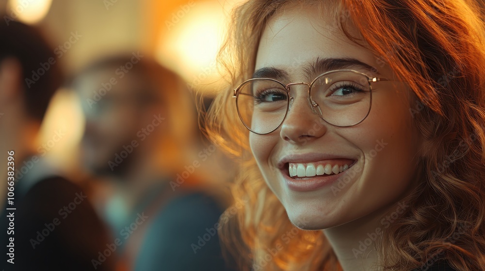 Portrait of a Smiling Young Woman with Glasses in a Warm, Ambient Setting with Blurred Background Portrait of a Smiling Young Woman with Glasses in a Warm, Ambient Setting with Blurred Background
