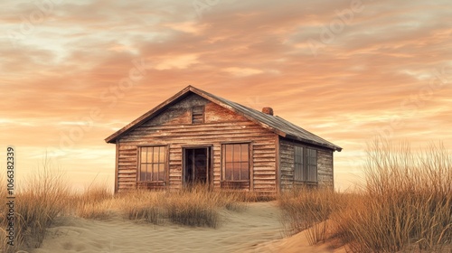 Rustic Wooden Beach House Sunset Landscape Photography