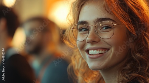 Portrait of a Smiling Young Woman with Glasses in a Warm, Ambient Setting with Blurred Background