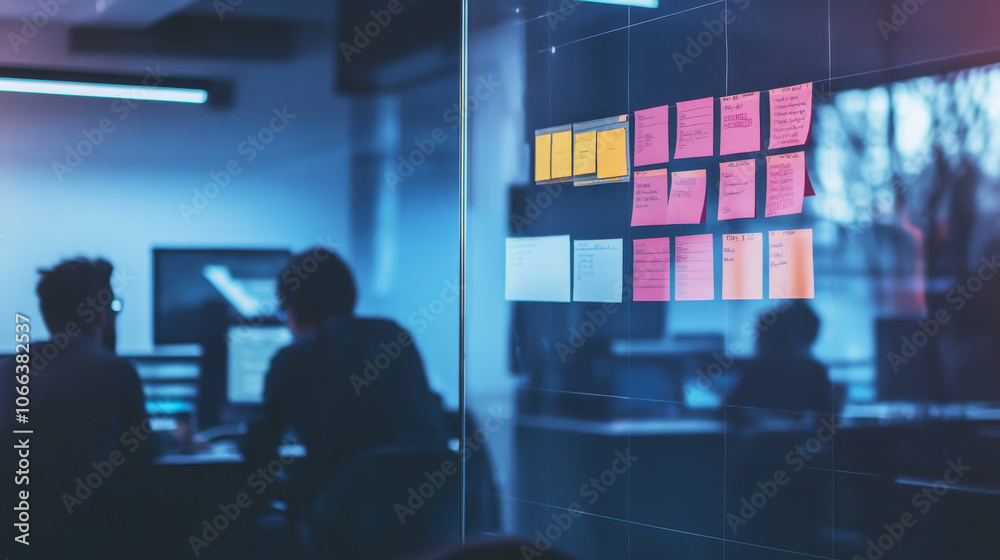 A  Scrum board, with its tasks and progress, is displayed on a dark wall in an office.