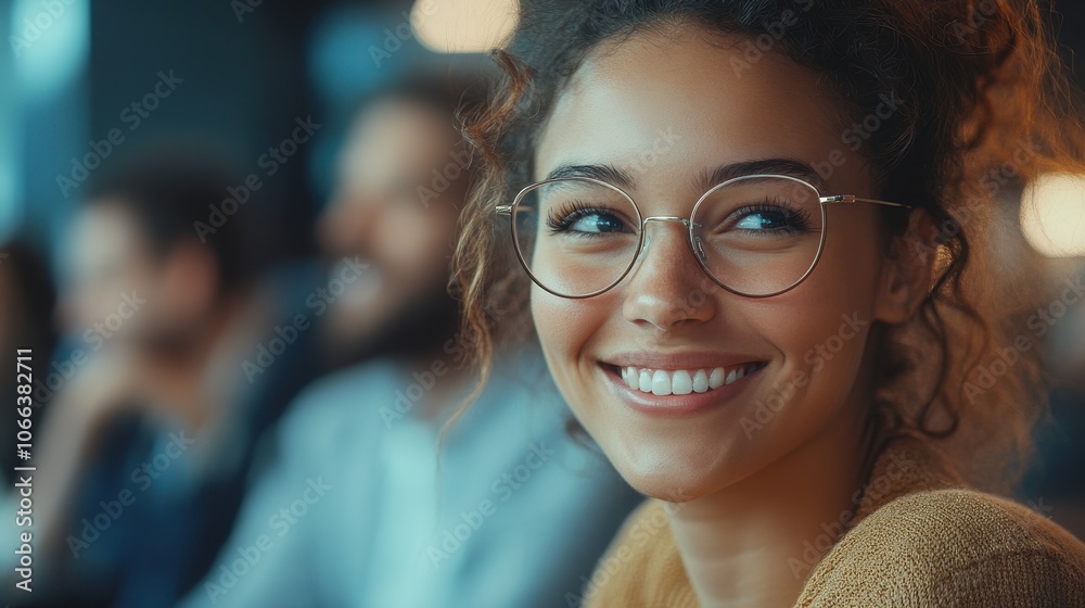 Smiling Young Woman with Glasses in a Cozy Cafe Setting, Warm Lighting and Relaxed Atmosphere Smiling Young Woman with Glasses in a Cozy Cafe Setting, Warm Lighting and Relaxed Atmosphere