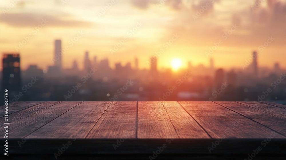Wooden tabletop with a blurred sunset cityscape in the background ideal for showcasing or presenting your products High quality imagery Wooden tabletop with a blurred sunset cityscape in the background ideal for showcasing or presenting your products High quality imagery