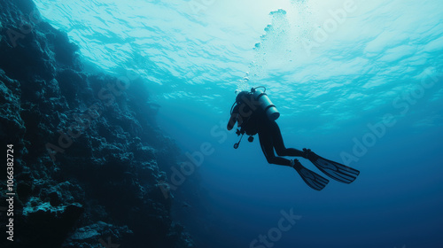 Wallpaper Mural Diver exploring underwater reef in Red Sea, surrounded by marine life. serene blue water creates tranquil atmosphere for diving adventures Torontodigital.ca
